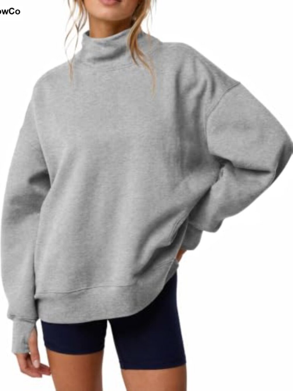 Oversized Mock Neck Sweatshirt with Thumb Hole Cuffs and Side Pockets